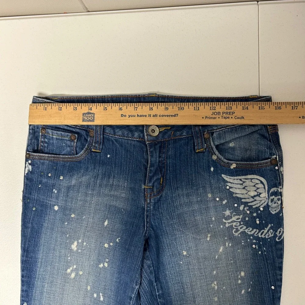 Zana Di Jeans Womens 11 Blue Y2K Skull Wing Rhinestone Paint Splatter Graphic